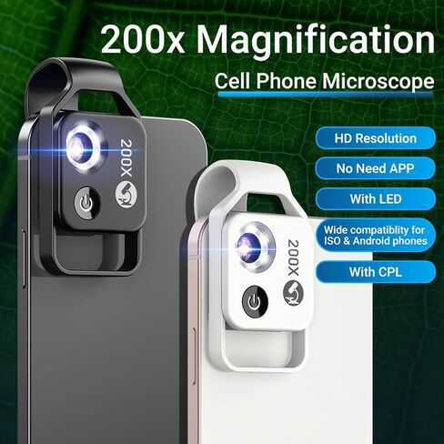 ETOYA 200X مجهر جيب صغير للهاتف مع عدسة CPL، ضوء LED ومشبك عالمي، ملحقات كاميرا مجهر رقمي محمول تكبير نانو لـ 99% من الهواتف الذكية، عرض العالم الصغير in Kuwait