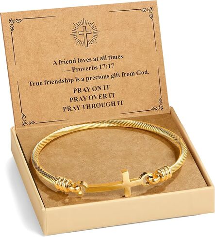 Christian Bracelet for Women, Gold-Plated Stainless Steel Cross Bracelet with Faith Card, Inspirational Gifts for Women, Friendship, Birthday, Christmas, or Thanksgiving Gift Box in Saudi Arabia