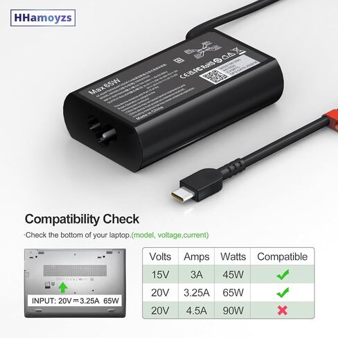 شاحن كمبيوتر محمول USB C نحيف 2025 جديد 65 وات متوافق مع Lenovo Thinkpad T14 T15 T16/Chromebook/Yoga Computer Type C سلك الطاقة in Kuwait