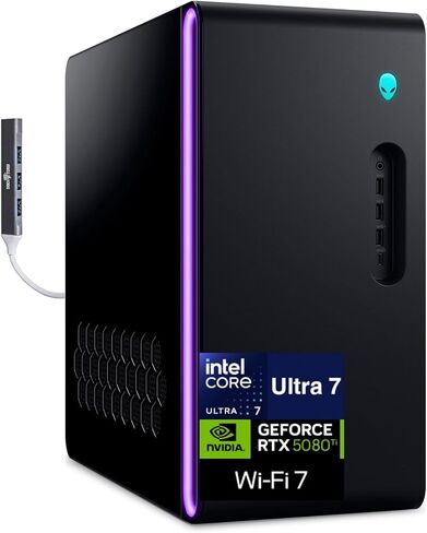 كمبيوتر مكتبي Alienware Aurora ACT1250 AI للألعاب (Intel Ultra 7 265F، GeForce RTX 5080 16GB GDDR7، 16GB DDR5، 1TB M.2 PCIe SSD، Win 11 Pro) مع موسع منفذ USB DKZ in Kuwait