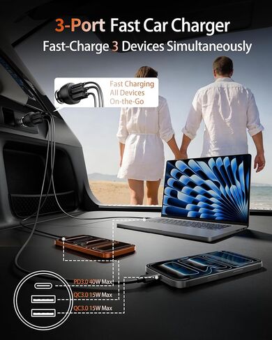 شاحن سيارة USB C، 2 حزمة 70 وات 3 منافذ PD/QC شحن سريع ولاعة السجائر شاحن USB ملحقات محول هاتف السيارة لهاتف iPhone 17/Air/16/15/14/13/12 Pro Max وiPad وPixel وGalaxy S25/S24/S23 وAndroid in Kuwait