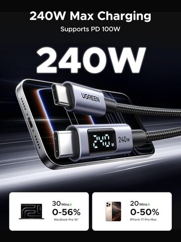 حزمة شاحن UGREEN Uno بقدرة 65 واط USB C مع كابل USB C بطول 6.6 قدم 240 واط مع شاشة رقمية متوافقة مع iPhone 17/17 Pro/17 Pro Max وMacBook Pro/Air وGalaxy S25/S24 وiPad Pro/Air وPixel 10 in Saudi Arabia