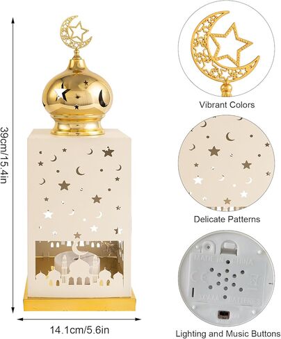 11.8" Metal Ramadan Lantern Lights, White Mosque Crescent Moon Star Lamp Decorative Candle Holder Table Centerpiece Decor, Eid Mubarak Indoor Mantel Decorations for Home, Islamic Muslim Gift in Saudi Arabia