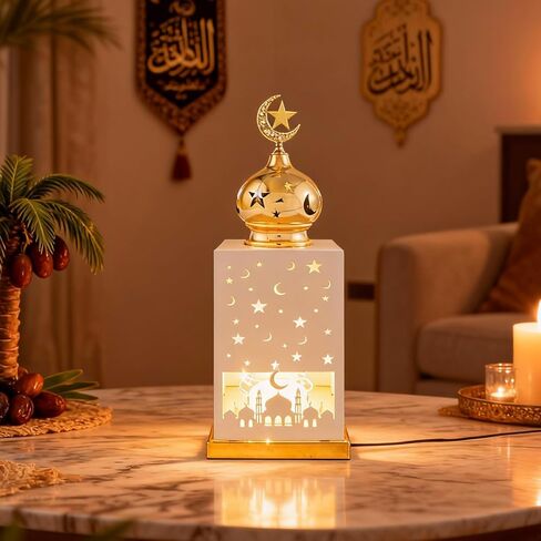 11.8" Metal Ramadan Lantern Lights, White Mosque Crescent Moon Star Lamp Decorative Candle Holder Table Centerpiece Decor, Eid Mubarak Indoor Mantel Decorations for Home, Islamic Muslim Gift in Saudi Arabia