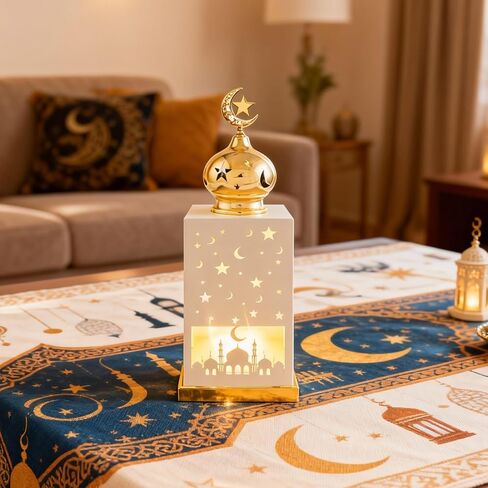 11.8" Metal Ramadan Lantern Lights, White Mosque Crescent Moon Star Lamp Decorative Candle Holder Table Centerpiece Decor, Eid Mubarak Indoor Mantel Decorations for Home, Islamic Muslim Gift in Saudi Arabia