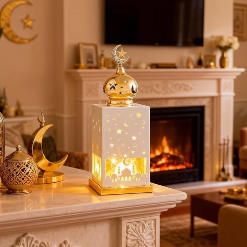 11.8" Metal Ramadan Lantern Lights, White Mosque Crescent Moon Star Lamp Decorative Candle Holder Table Centerpiece Decor, Eid Mubarak Indoor Mantel Decorations for Home, Islamic Muslim Gift in Saudi Arabia