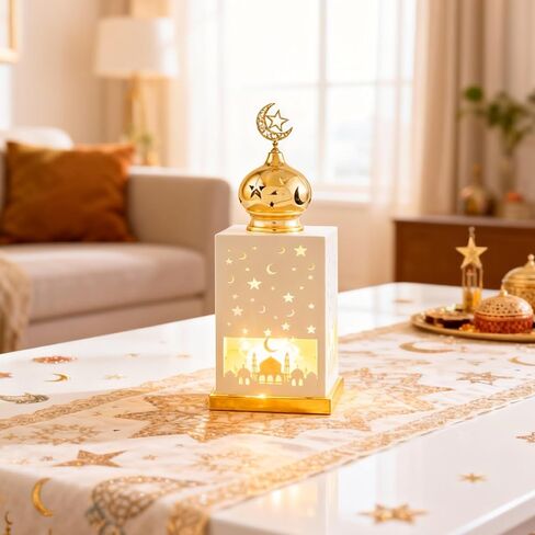 11.8" Metal Ramadan Lantern Lights, White Mosque Crescent Moon Star Lamp Decorative Candle Holder Table Centerpiece Decor, Eid Mubarak Indoor Mantel Decorations for Home, Islamic Muslim Gift in Saudi Arabia