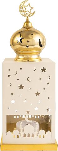 11.8" Metal Ramadan Lantern Lights, White Mosque Crescent Moon Star Lamp Decorative Candle Holder Table Centerpiece Decor, Eid Mubarak Indoor Mantel Decorations for Home, Islamic Muslim Gift in Saudi Arabia