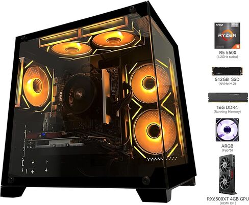 Gaming PC Desktop Computer, AMD Ryzen 5 5500, RX6500XT 4GB Graphics, 16GB DDR4 RAM, 512GB NVMe SSD, ARGB Fans, Game Design Office in Saudi Arabia
