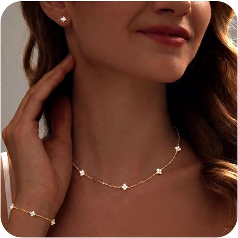 ORAZIO Dainty Silver Gold Jewelry Set for Women Trendy 14K Gold Plated CZ Flowers Pendant Choker Necklaces for Women Stud Earrings Clover Link Bracelets Stack Jewelry Gifts for Wedding Prom Brides in Saudi Arabia