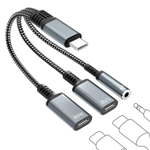 USB C Splitter 1 in 3 Out USBC Headphone Adapter with 60W Charging and Data - USB-C to 3.5mm Headphone & Dual Type C Splitter, Support PD Fast Charging/Data/Music/Calling for iPhone17/16/15 Series in Kuwait
