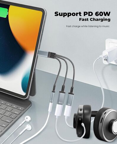 USB C Splitter 1 in 3 Out USBC Headphone Adapter with 60W Charging and Data - USB-C to 3.5mm Headphone & Dual Type C Splitter, Support PD Fast Charging/Data/Music/Calling for iPhone17/16/15 Series in Kuwait