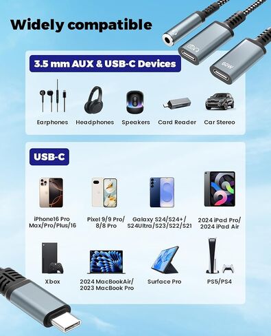 USB C Splitter 1 in 3 Out USBC Headphone Adapter with 60W Charging and Data - USB-C to 3.5mm Headphone & Dual Type C Splitter, Support PD Fast Charging/Data/Music/Calling for iPhone17/16/15 Series in Kuwait