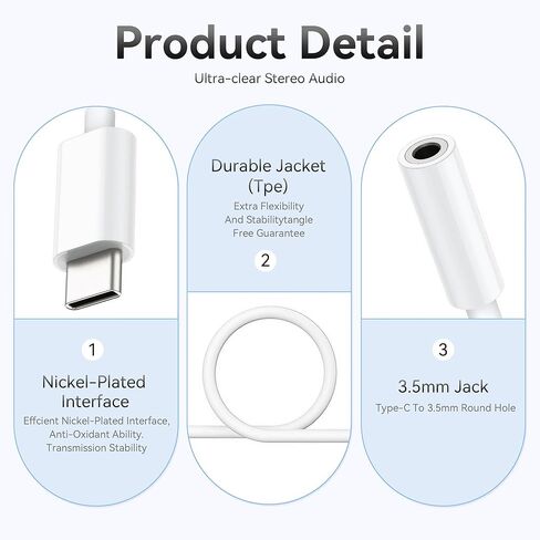محول صوت USB C إلى 3.5 ملم مكون من قطعتين محول سماعة رأس صوت HiFi متوافق مع أجهزة iPhone Galaxy Pixel من النوع C ومتينة وصغيرة الحجم in Saudi Arabia