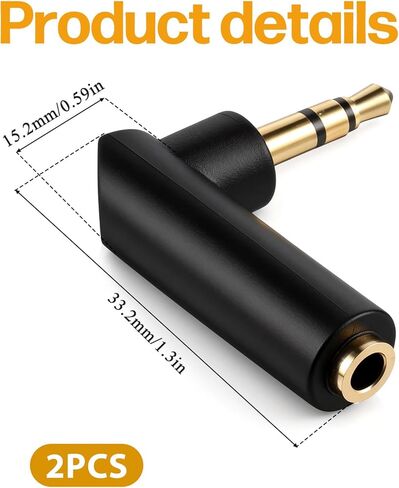 قطعتين محول صوت زاوية 3.5 ملم ذكر إلى أنثى، محول قابس 90 درجة مطلي بالذهب TRS مقبس ستيريو موصل Aux، متوافق مع سماعات الرأس والأجهزة اللوحية ومكبرات الصوت - أسود in Kuwait