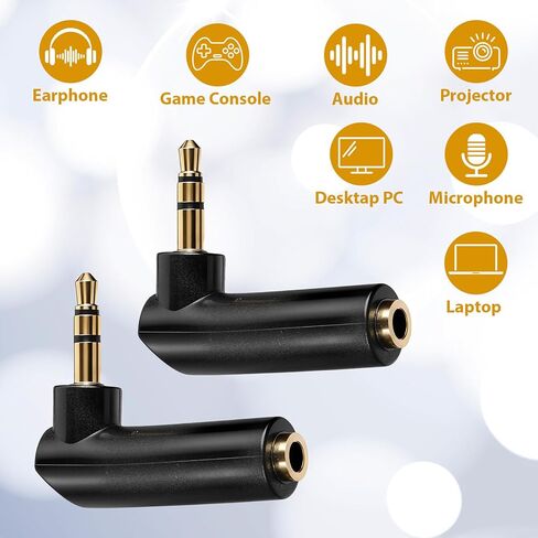 قطعتين محول صوت زاوية 3.5 ملم ذكر إلى أنثى، محول قابس 90 درجة مطلي بالذهب TRS مقبس ستيريو موصل Aux، متوافق مع سماعات الرأس والأجهزة اللوحية ومكبرات الصوت - أسود in Kuwait