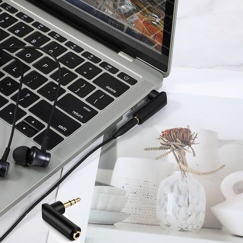 قطعتين محول صوت زاوية 3.5 ملم ذكر إلى أنثى، محول قابس 90 درجة مطلي بالذهب TRS مقبس ستيريو موصل Aux، متوافق مع سماعات الرأس والأجهزة اللوحية ومكبرات الصوت - أسود in Kuwait