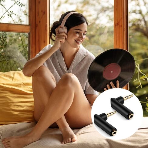 قطعتين محول صوت زاوية 3.5 ملم ذكر إلى أنثى، محول قابس 90 درجة مطلي بالذهب TRS مقبس ستيريو موصل Aux، متوافق مع سماعات الرأس والأجهزة اللوحية ومكبرات الصوت - أسود in Kuwait