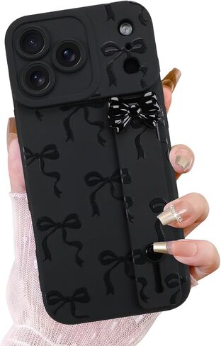 حافظة OOK لهاتف iPhone 17 Pro Max مع واقي شاشة، تصميم فيونكة لطيف مع حزام معصم قابل للتعديل ومسند رفيع من مطاط TPU الناعم للنساء والفتيات - أسود in Saudi Arabia
