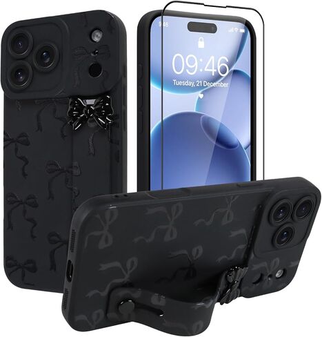 حافظة OOK لهاتف iPhone 17 Pro Max مع واقي شاشة، تصميم فيونكة لطيف مع حزام معصم قابل للتعديل ومسند رفيع من مطاط TPU الناعم للنساء والفتيات - أسود in Saudi Arabia