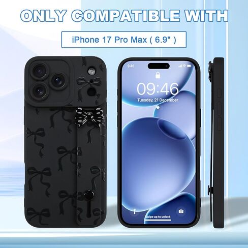 حافظة OOK لهاتف iPhone 17 Pro Max مع واقي شاشة، تصميم فيونكة لطيف مع حزام معصم قابل للتعديل ومسند رفيع من مطاط TPU الناعم للنساء والفتيات - أسود in Saudi Arabia