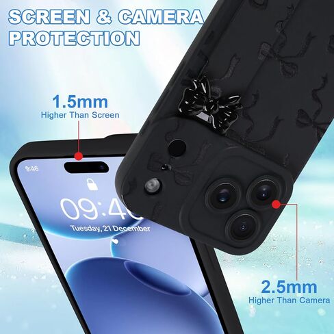 حافظة OOK لهاتف iPhone 17 Pro Max مع واقي شاشة، تصميم فيونكة لطيف مع حزام معصم قابل للتعديل ومسند رفيع من مطاط TPU الناعم للنساء والفتيات - أسود in Saudi Arabia