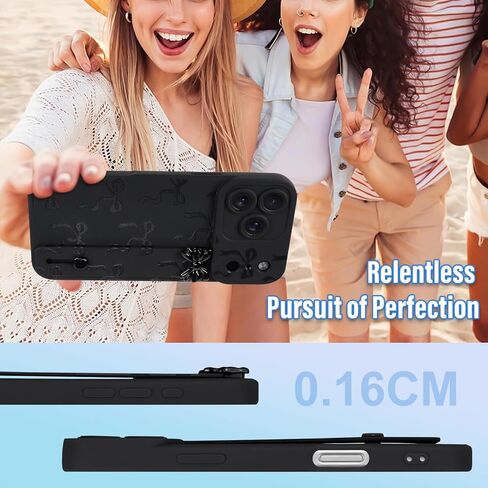 حافظة OOK لهاتف iPhone 17 Pro Max مع واقي شاشة، تصميم فيونكة لطيف مع حزام معصم قابل للتعديل ومسند رفيع من مطاط TPU الناعم للنساء والفتيات - أسود in Saudi Arabia
