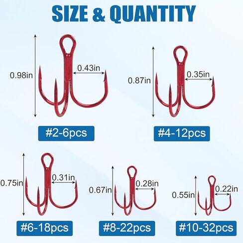 Fishing Treble Hooks Kit 90pcs High Carbon Steel Strong Sharp Round Bend Red Treble Fishing Hooks for Catfish Trout Hard Baits Lures Saltwater Freshwater, Size 2# 4# 6# 8# 10# in Saudi Arabia