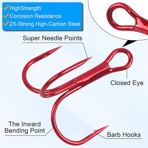 Fishing Treble Hooks Kit 90pcs High Carbon Steel Strong Sharp Round Bend Red Treble Fishing Hooks for Catfish Trout Hard Baits Lures Saltwater Freshwater, Size 2# 4# 6# 8# 10# in Saudi Arabia