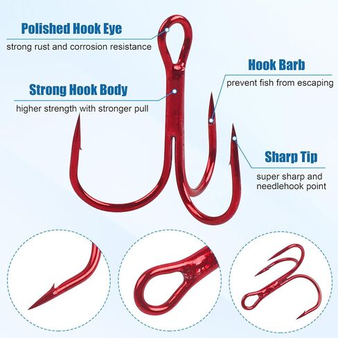 Fishing Treble Hooks Kit 90pcs High Carbon Steel Strong Sharp Round Bend Red Treble Fishing Hooks for Catfish Trout Hard Baits Lures Saltwater Freshwater, Size 2# 4# 6# 8# 10# in Saudi Arabia