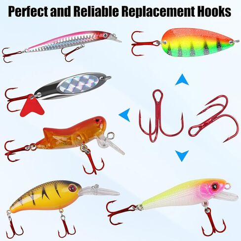 Fishing Treble Hooks Kit 90pcs High Carbon Steel Strong Sharp Round Bend Red Treble Fishing Hooks for Catfish Trout Hard Baits Lures Saltwater Freshwater, Size 2# 4# 6# 8# 10# in Saudi Arabia