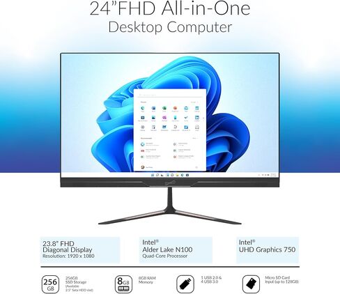 Supersonic SC-5524AIO 24" Windows All-in-1 Desktop Computer, Intel Quad-Core N100, 256GB SSD, 8GB RAM, UHD Graphics 600, Windows 11, Office 365, HDMI, Wi-Fi, Micro SD, Keyboard & Mouse Included in Saudi Arabia