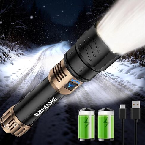 Skyfire LED LED LED LEMENS HIGH LUMENS ، مصباح يدوي ساطع ساطع 8000 مللي أمبير في الساعة ، قابلة للتكبير ، وأربعة أوضاع ، وضوء فلاش مقاوم للماء لأساسيات التخييم ، والطوارئ في الهواء الطلق والمنزل-الذهب والأسود in Kuwait