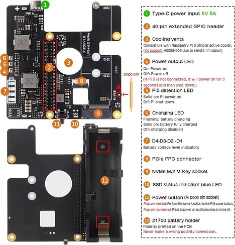 قبعة Geekworm X1208 UPS مع قبعة M.2 NVMe SSD + لـ Raspberry Pi 5 (2/4/8/16GB) بحد أقصى 5.1 فولت 5A يدعم الإخراج 2230/2242/2280 SSD in Kuwait