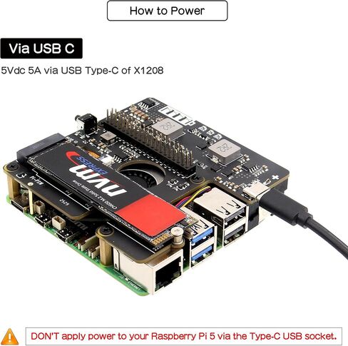 قبعة Geekworm X1208 UPS مع قبعة M.2 NVMe SSD + لـ Raspberry Pi 5 (2/4/8/16GB) بحد أقصى 5.1 فولت 5A يدعم الإخراج 2230/2242/2280 SSD in Kuwait