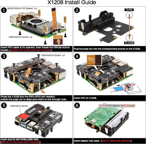 قبعة Geekworm X1208 UPS مع قبعة M.2 NVMe SSD + لـ Raspberry Pi 5 (2/4/8/16GB) بحد أقصى 5.1 فولت 5A يدعم الإخراج 2230/2242/2280 SSD in Kuwait