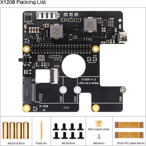 قبعة Geekworm X1208 UPS مع قبعة M.2 NVMe SSD + لـ Raspberry Pi 5 (2/4/8/16GB) بحد أقصى 5.1 فولت 5A يدعم الإخراج 2230/2242/2280 SSD in Kuwait