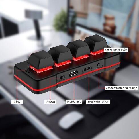 4 Key Mini Keypad USB Wired & BT Wireless Mini Keyboard Customized Programmable Computer Keyboard Mouse for Video Game Control Office Work Sheet Music Page Turner HID (Black) in Saudi Arabia