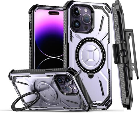 حامل حلقي مغناطيسي لهاتف iPhone 11 مع حافظة بمشبك حزام [متوافق مع MagSafe] [مسند غير مرئي] جراب واقٍ صلب عالي التحمل مضاد للصدمات، أسود in Kuwait