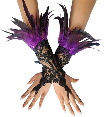 Specell Women's Gothic Black Feather Fingerless Sequins Lace Gloves Long in Saudi Arabia