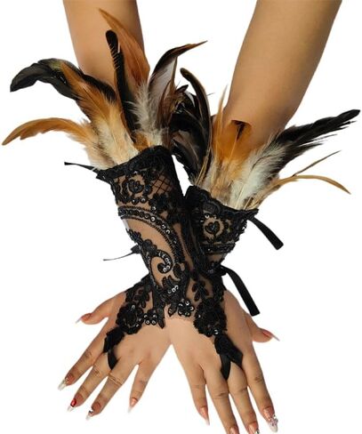 Specell Women's Gothic Black Feather Fingerless Sequins Lace Gloves Long in Saudi Arabia