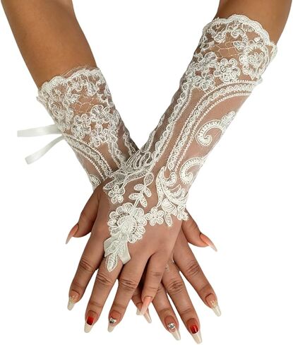 Specell Women's Gothic Black Feather Fingerless Sequins Lace Gloves Long in Saudi Arabia