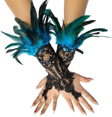 Specell Women's Gothic Black Feather Fingerless Sequins Lace Gloves Long in Saudi Arabia