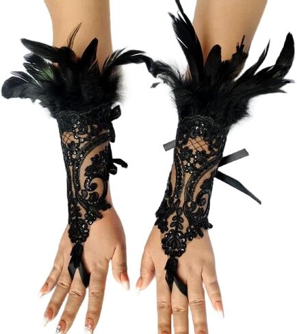 Specell Women's Gothic Black Feather Fingerless Sequins Lace Gloves Long in Saudi Arabia