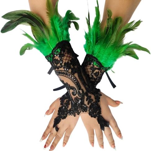 Specell Women's Gothic Black Feather Fingerless Sequins Lace Gloves Long in Saudi Arabia