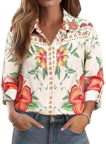 MYMORE ❷⓿❷❺ Women's Western Cowgirl Graphic Button Down Shirt Long Rolled 3/4 Sleeve Floral Print Cowboy Shirts in Saudi Arabia