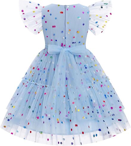 Girls Sequin Dress Toddler Shiny Rainbow Stars Tulle Dresses Ruffle Sleeve Birthday Party Photo Shoot Blue dots 4-5 Years in Saudi Arabia