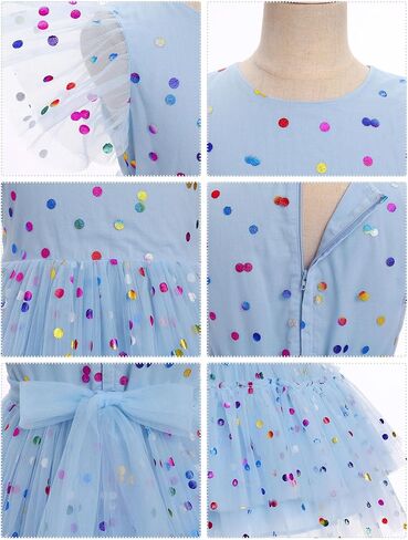 Girls Sequin Dress Toddler Shiny Rainbow Stars Tulle Dresses Ruffle Sleeve Birthday Party Photo Shoot Blue dots 4-5 Years in Saudi Arabia