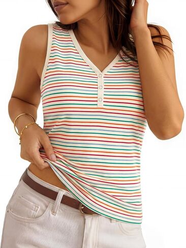 MEROKEETY Women's Summer Tank Tops 2026 Striped V Neck Sleeveless Casual Henley Shirts Colourful Button Cami Tee in Saudi Arabia