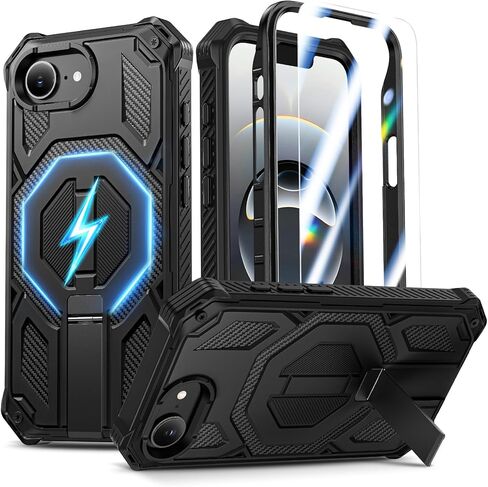 Goton Magnetic for iPhone 16e Case with Screen Protector & Invisible Kickstand, [Compatible with MagSafe] 3-in-1 Full Body Military Grade Heavy Duty Rugged Phone Cover for iPhone 16 E, Black in Saudi Arabia